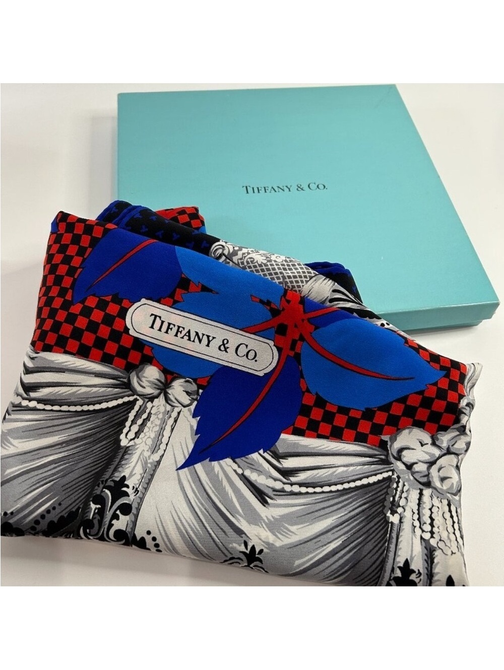 Tiffany & Co T Design Black with Blue Leaves Print Silk Scarf